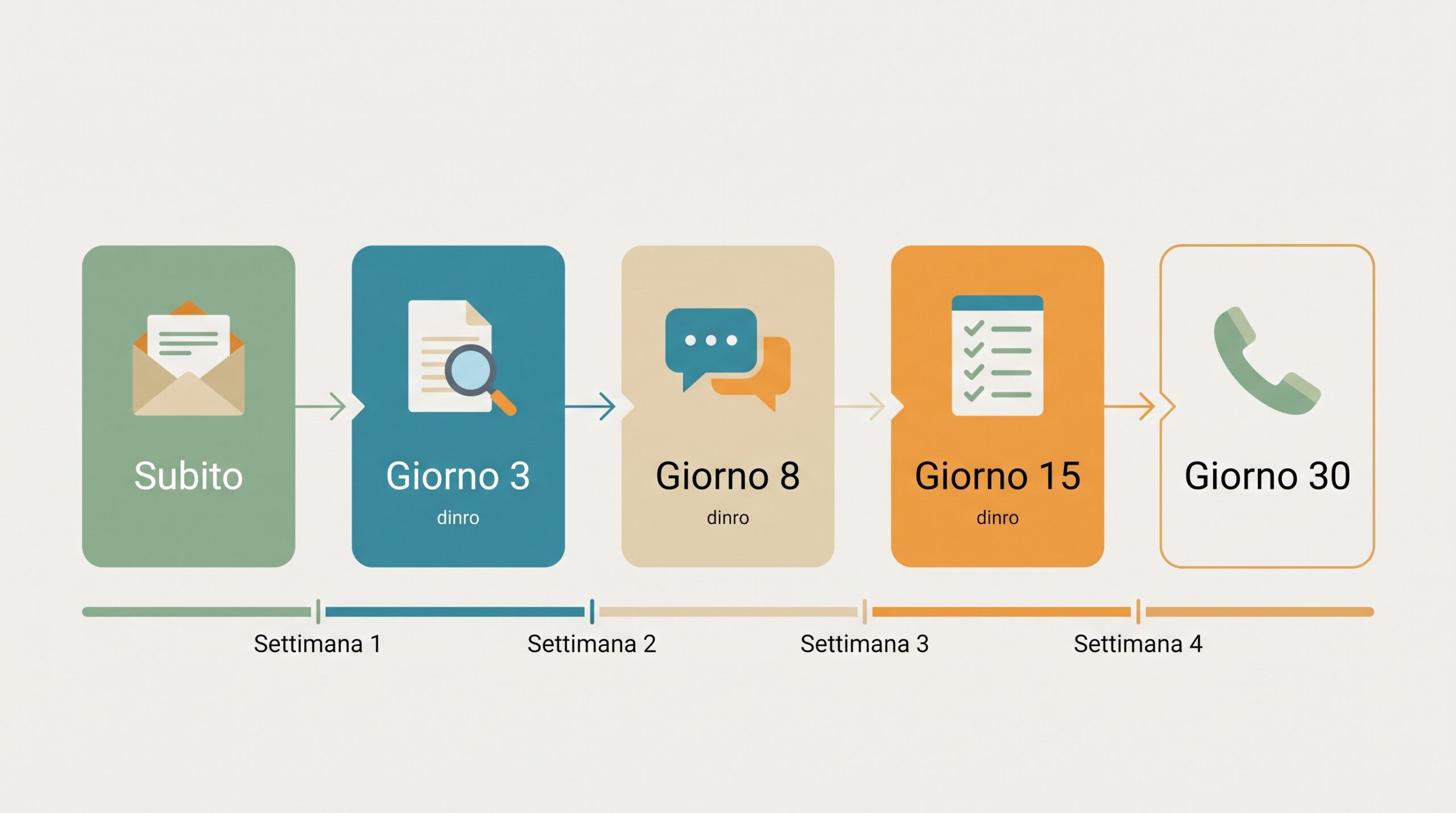 Infografica della sequenza di lead nurturing in cinque email distribuite su un mese, dal messaggio immediato alla telefonata finale