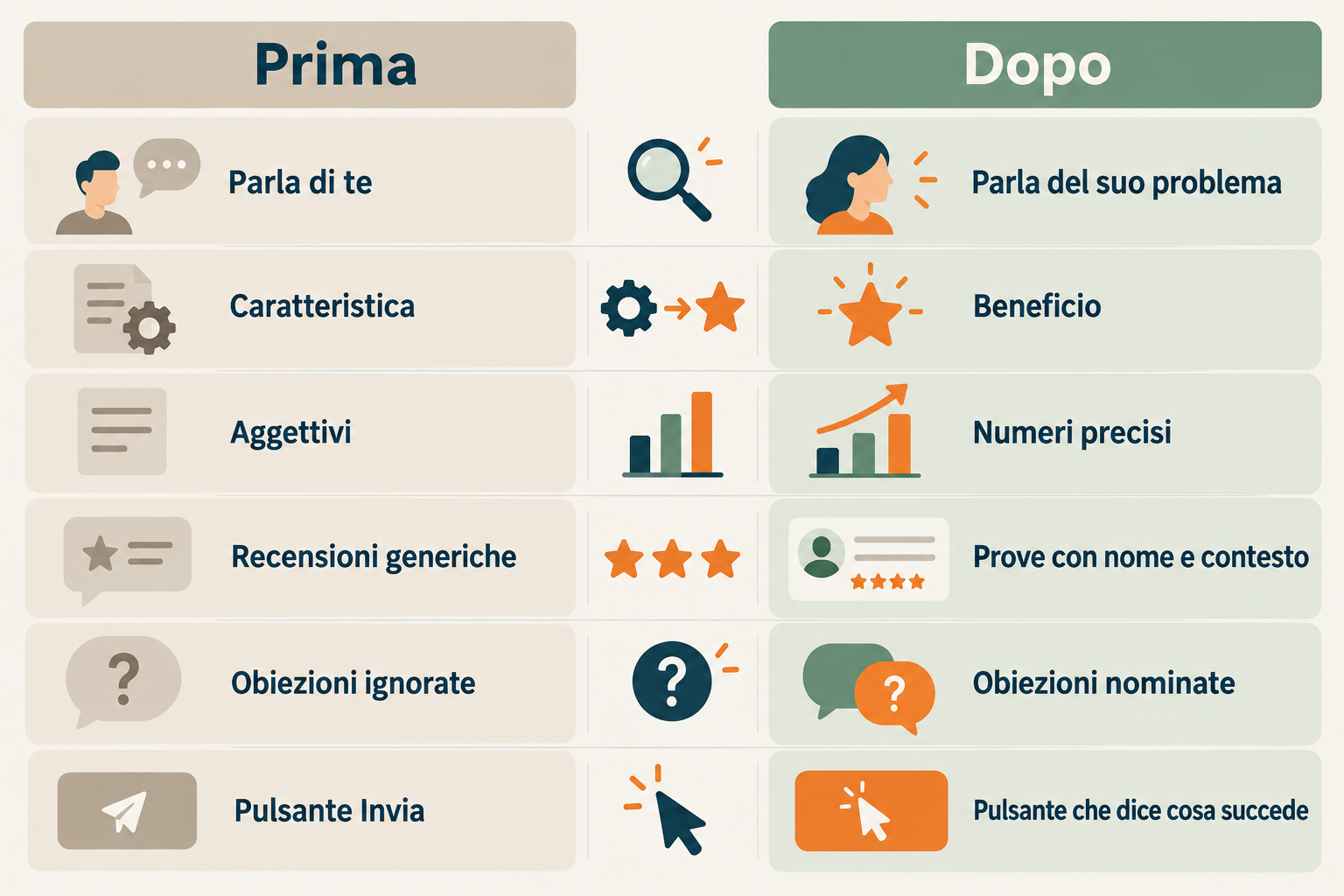 Infografica prima e dopo del copywriting persuasivo: dal parlare di sé al problema del cliente, dalle caratteristiche ai benefici, dagli aggettivi ai numeri, fino a prove vere, obiezioni nominate e pulsanti chiari
